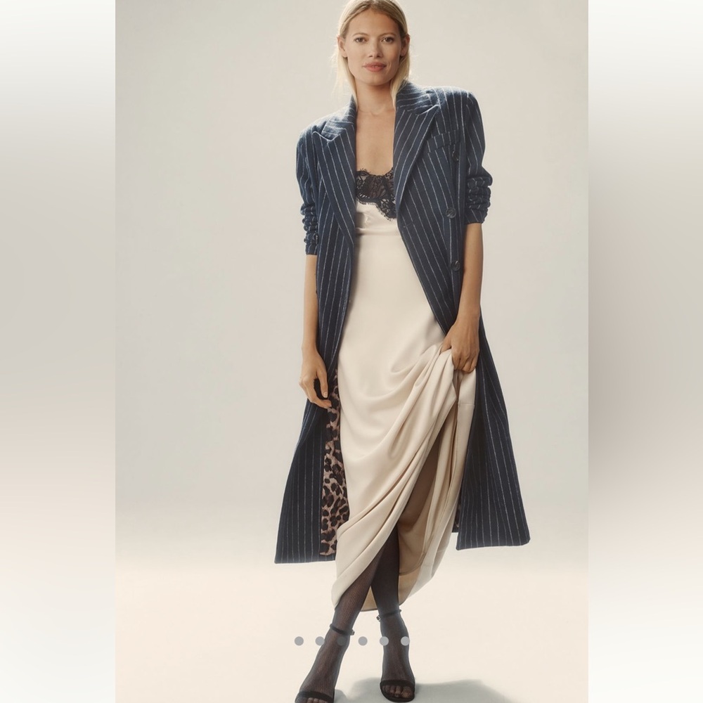 Avec Les Filles Navy Pinstripe Coat with Leopard Lining